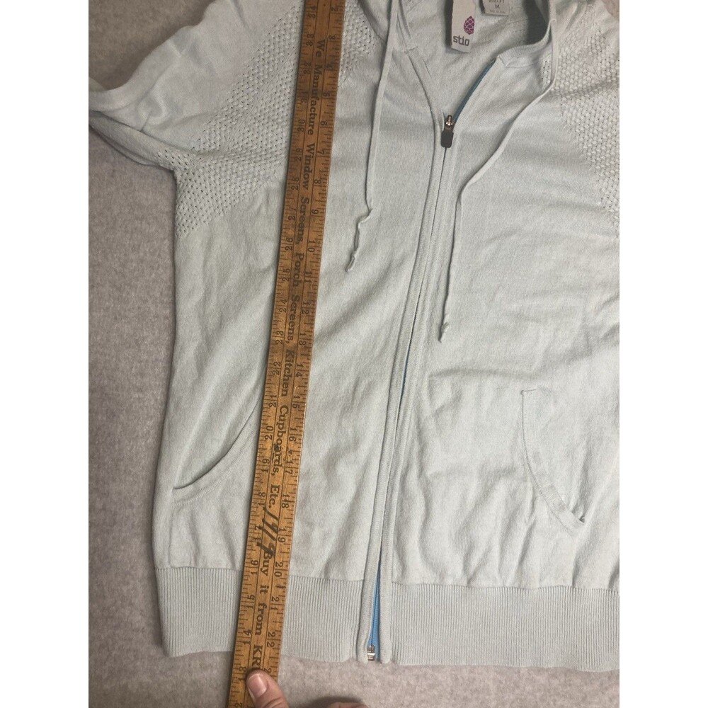 Stio W Sz M Full Zip Sweater Knit Hoodie Cotton Wool Blend Teal Light Blue - Picture 13 of 13